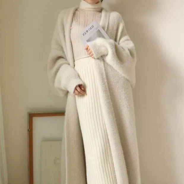 white Long Cardigan for women 2024 winter clothes Knitted fluffy long sleeve Cashmere sweater coat clotkorean style warm vintage