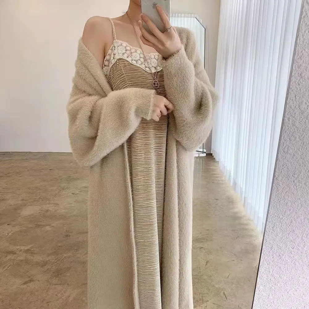 white Long Cardigan for women 2024 winter clothes Knitted fluffy long sleeve Cashmere sweater coat clotkorean style warm vintage