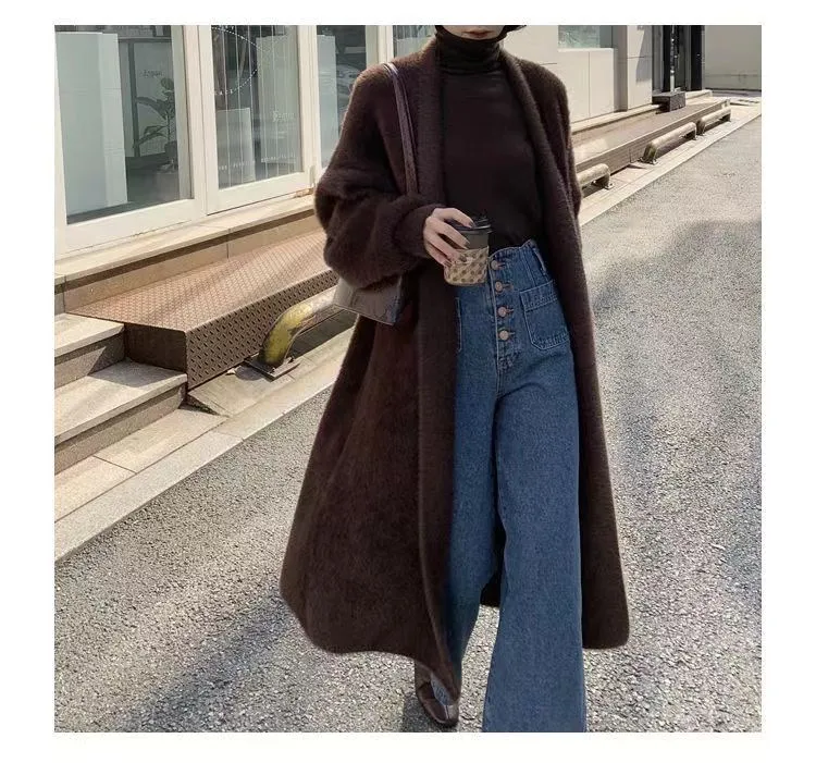 white Long Cardigan for women 2024 winter clothes Knitted fluffy long sleeve Cashmere sweater coat clotkorean style warm vintage