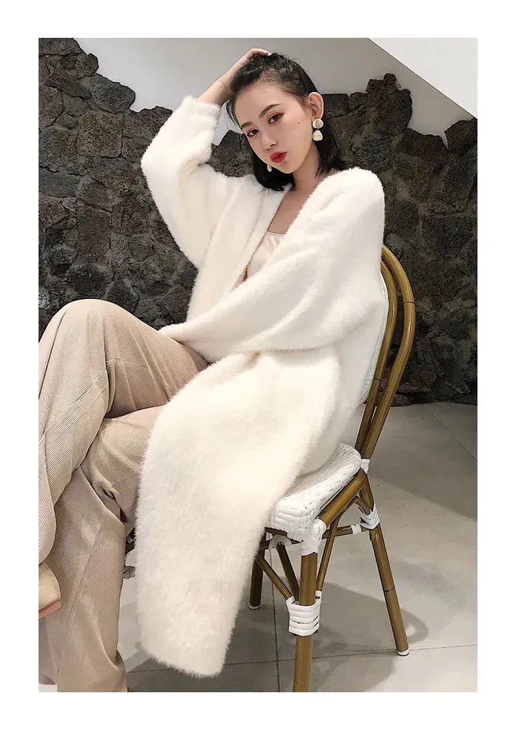 white Long Cardigan for women 2024 winter clothes Knitted fluffy long sleeve Cashmere sweater coat clotkorean style warm vintage