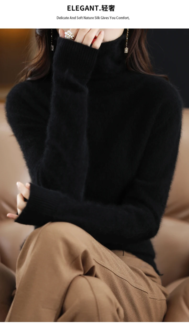 High Collar Mink Cashmere Sweater Women's Pullover 2023 Autumn/Winter Knitted Sweater Loose Bottom Fashion Basic Top