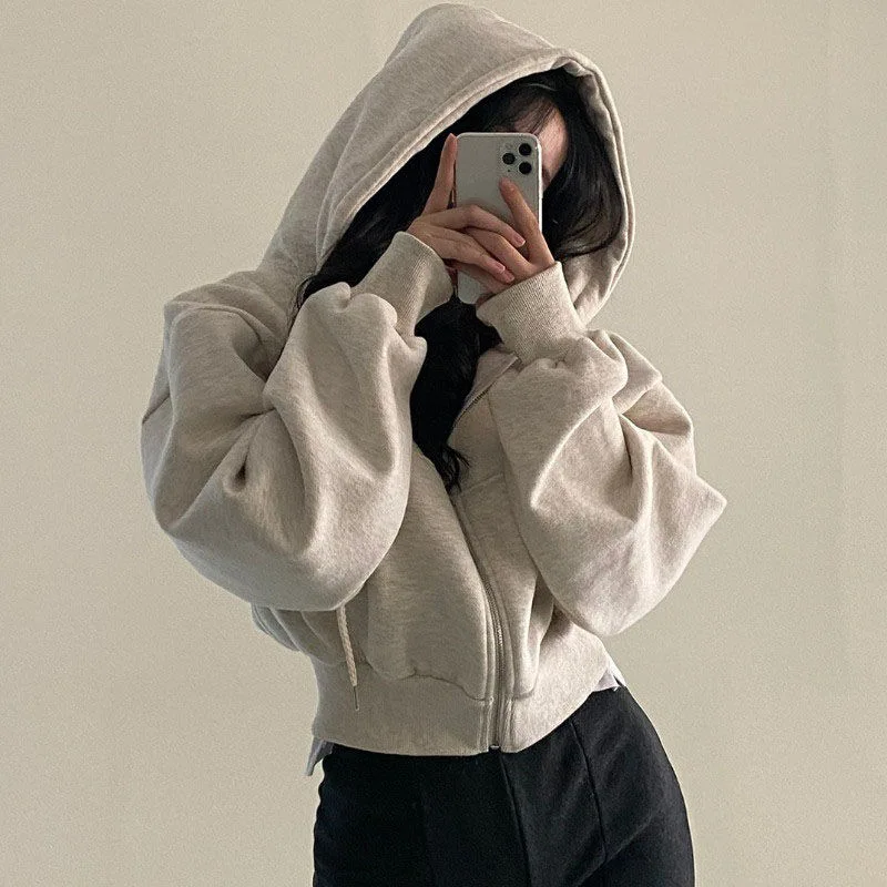 Fashion Zipper Hood Sweatshirt Women Autumn Long Sleeve Crop Tops Casual Y2K Hoodies Streetwear Harajuku Female Jackets Coats