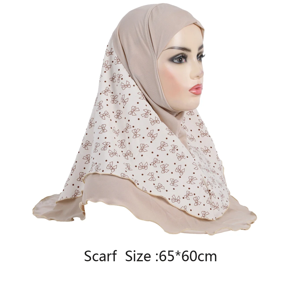 Adults or Big Girls Medium Size 65*60cm Pray Hijab Print Layer Muslim Hijab Scarf Islamic Headscarf Hat Amira Pull On Headwrap