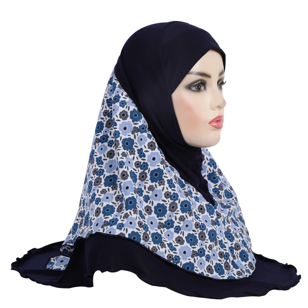 Adults or Big Girls Medium Size 65*60cm Pray Hijab Print Layer Muslim Hijab Scarf Islamic Headscarf Hat Amira Pull On Headwrap