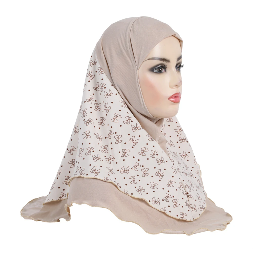 Adults or Big Girls Medium Size 65*60cm Pray Hijab Print Layer Muslim Hijab Scarf Islamic Headscarf Hat Amira Pull On Headwrap