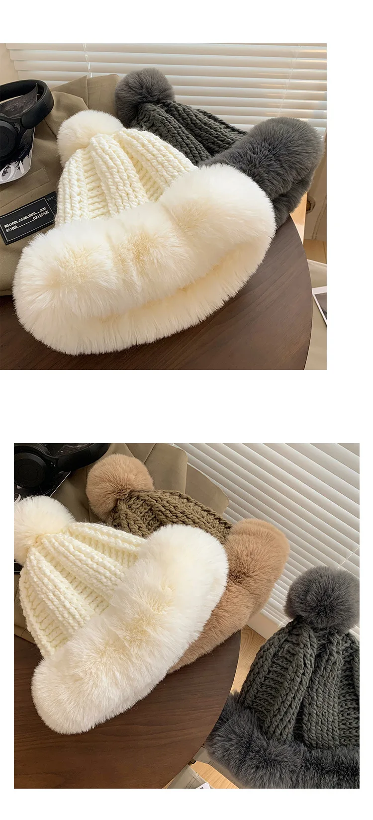 White Plush Hat for Women in Autumn and Winter, Small and Fluffy Hat, Thick and Warm Knitted Yarn Ear Protection Hat