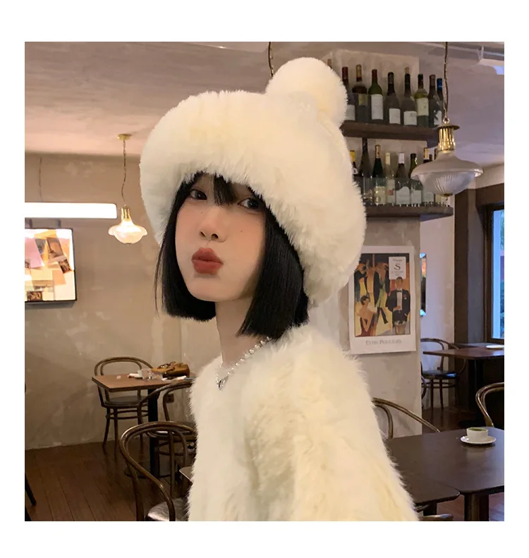 White Plush Hat for Women in Autumn and Winter, Small and Fluffy Hat, Thick and Warm Knitted Yarn Ear Protection Hat