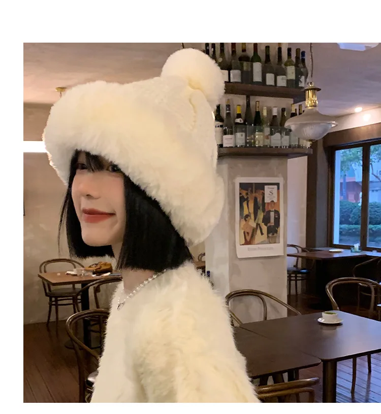 White Plush Hat for Women in Autumn and Winter, Small and Fluffy Hat, Thick and Warm Knitted Yarn Ear Protection Hat