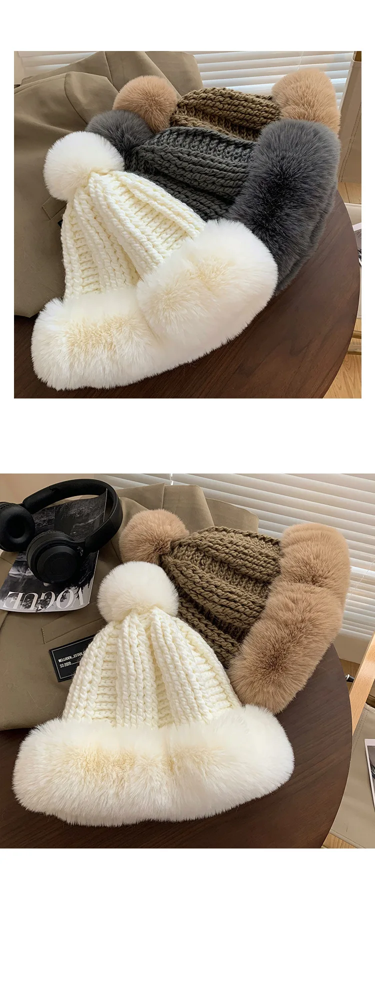 White Plush Hat for Women in Autumn and Winter, Small and Fluffy Hat, Thick and Warm Knitted Yarn Ear Protection Hat