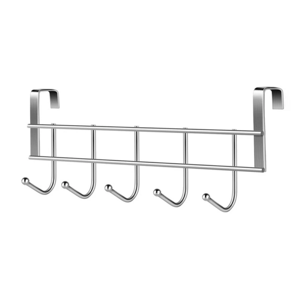 5 Hooks Door Rear Hook Stainless Steel Clothes Bag Hanger Hat Sundries Storage Rack Hanger Towel Home Bathroom Organizer