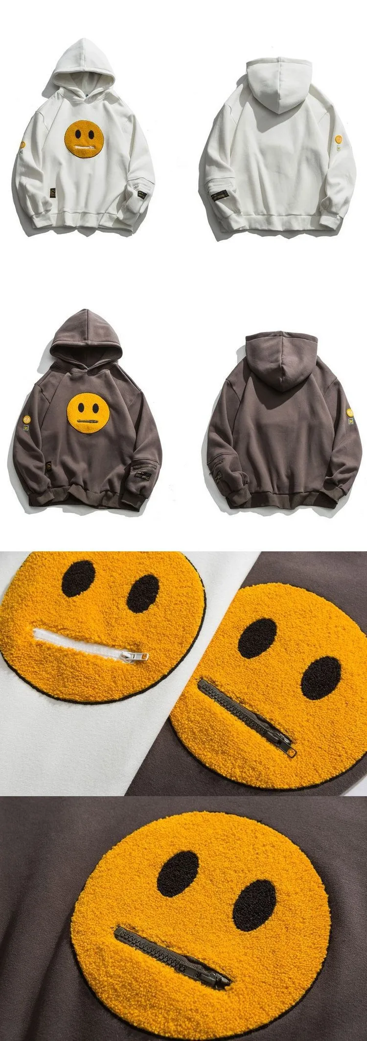 Brown Patchwork Hooded Sweatshirt Smiley Zip Design Big Pocket Hoodies Tide Hip-hop Streetwear New Casual Unisex Pullovers