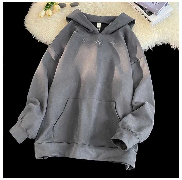 New Suede Sweatshirt Men Retro Street Loose Hoodie Embroidery Pattern Gothic Style Hooded Sweatshirt Autumn Male Sweatshirts