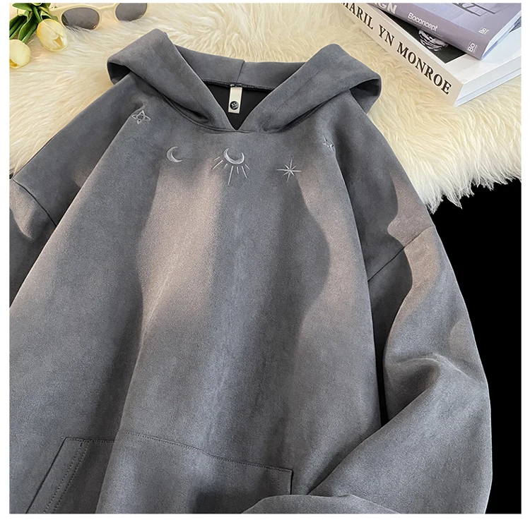 New Suede Sweatshirt Men Retro Street Loose Hoodie Embroidery Pattern Gothic Style Hooded Sweatshirt Autumn Male Sweatshirts