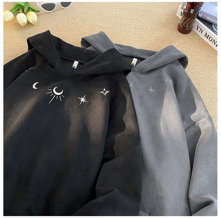 New Suede Sweatshirt Men Retro Street Loose Hoodie Embroidery Pattern Gothic Style Hooded Sweatshirt Autumn Male Sweatshirts