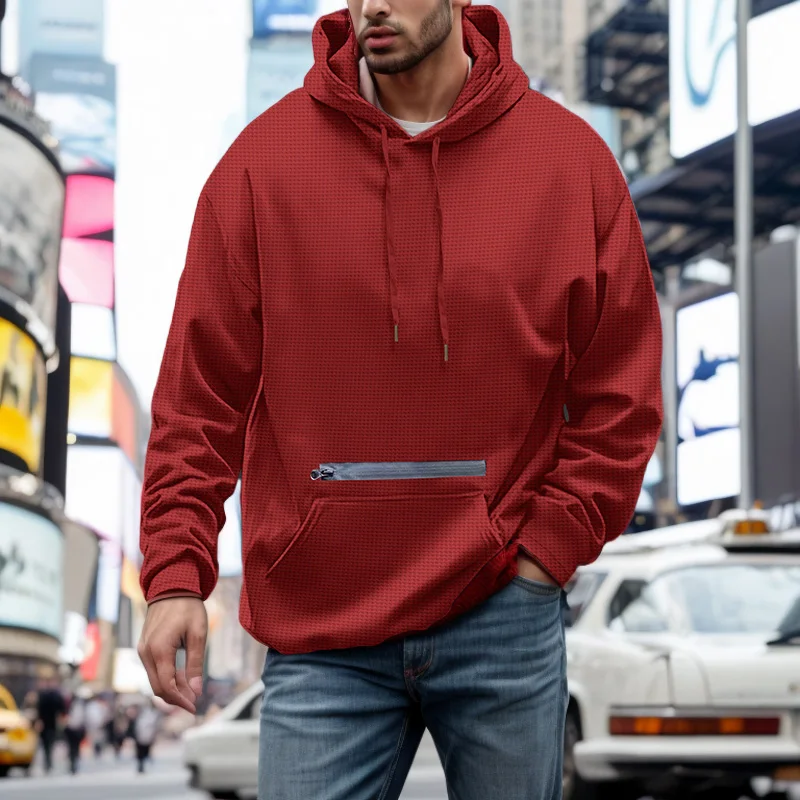 2024 Spring and Autumn Men's Hoodie Waffle Breathable Casual Sports Pullover Slow Walking European and American Fashion T-shirt