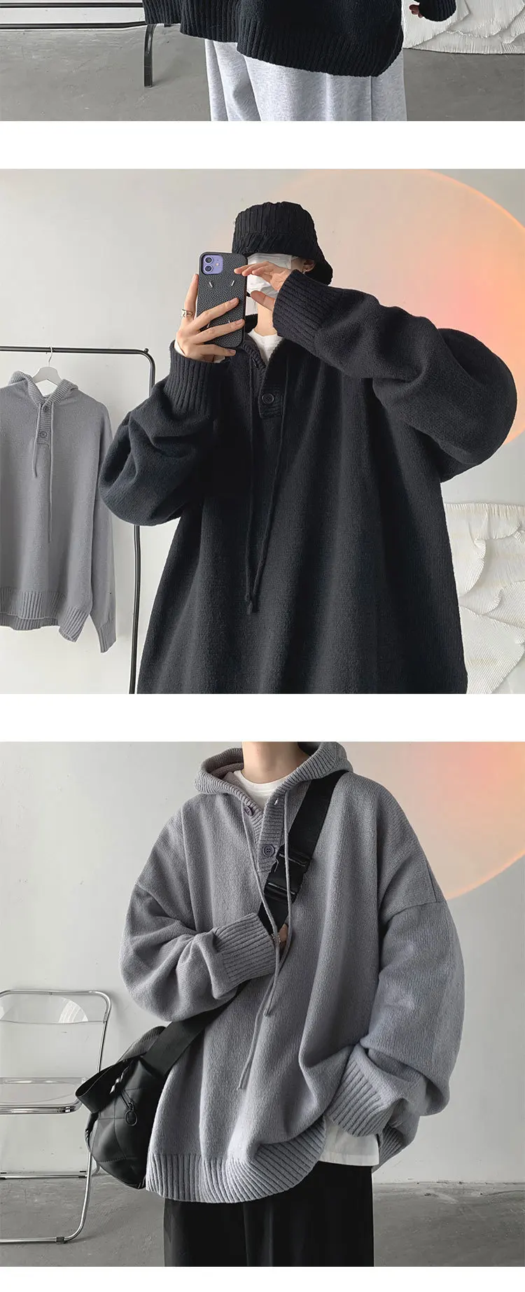 Men Pullover Hoodie Korean Style Classic Solid Color Casual Hoodies Oversized Loose Hooded Knitwear Mens Knitted Pullovers