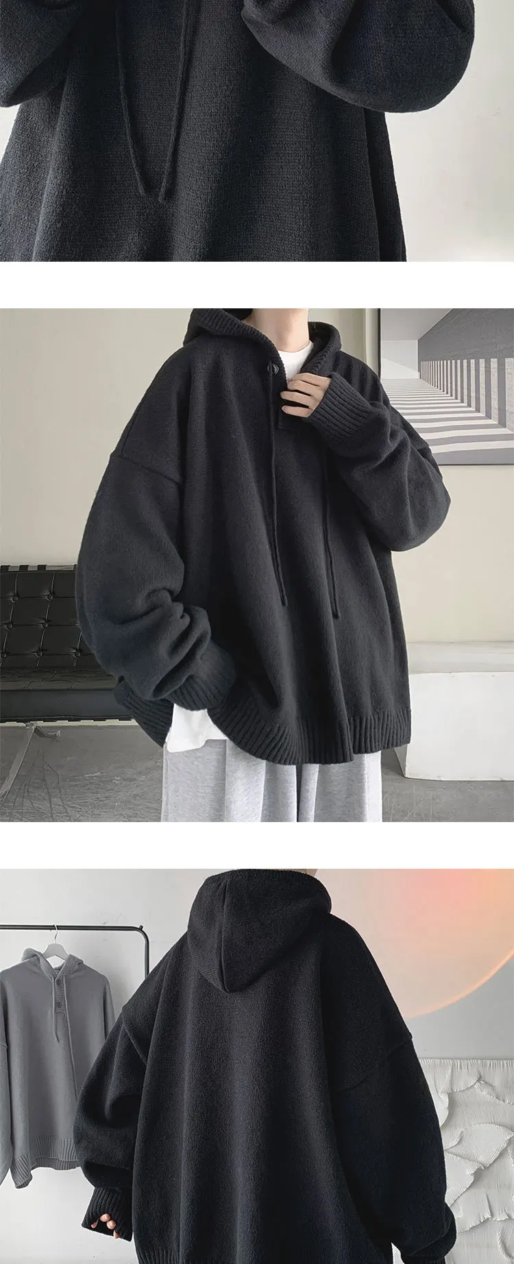 Men Pullover Hoodie Korean Style Classic Solid Color Casual Hoodies Oversized Loose Hooded Knitwear Mens Knitted Pullovers