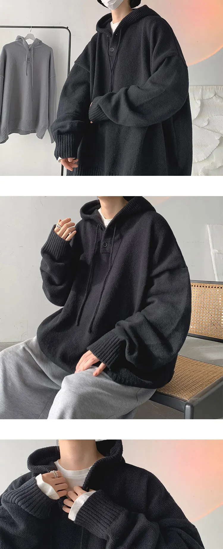 Men Pullover Hoodie Korean Style Classic Solid Color Casual Hoodies Oversized Loose Hooded Knitwear Mens Knitted Pullovers