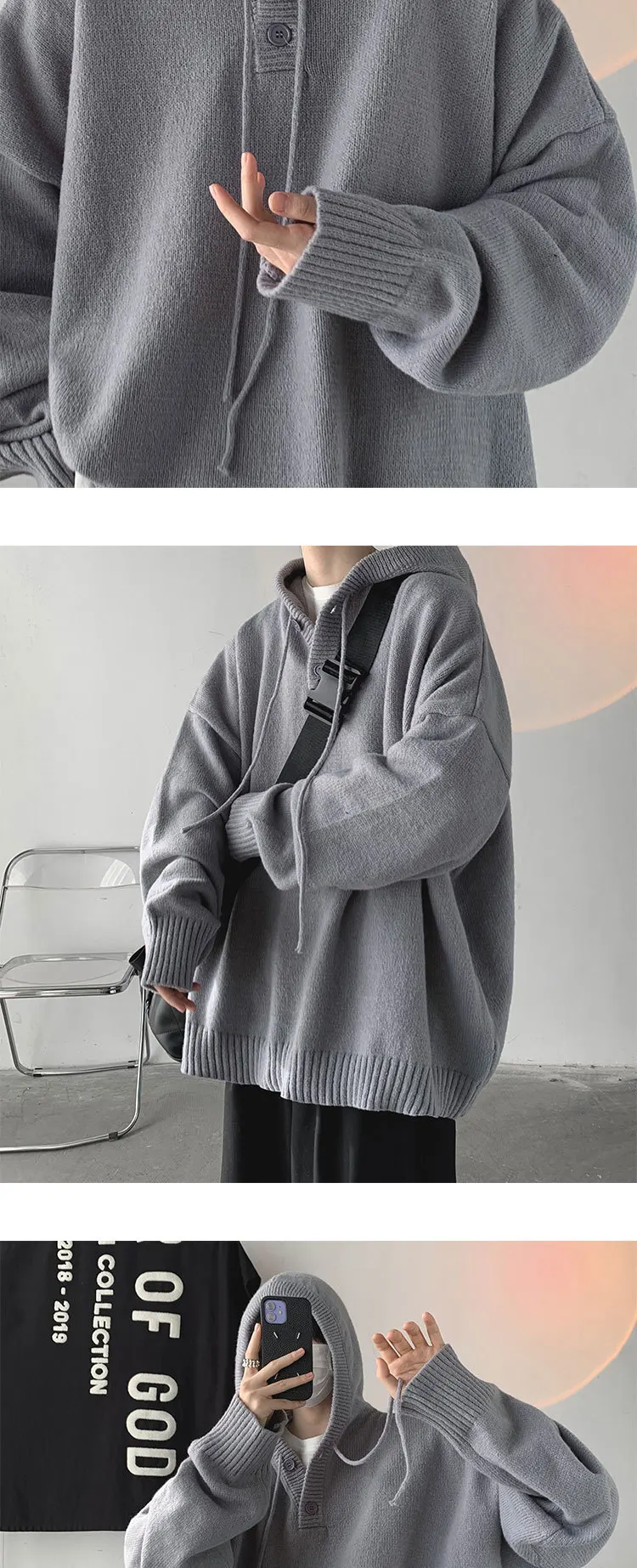 Men Pullover Hoodie Korean Style Classic Solid Color Casual Hoodies Oversized Loose Hooded Knitwear Mens Knitted Pullovers