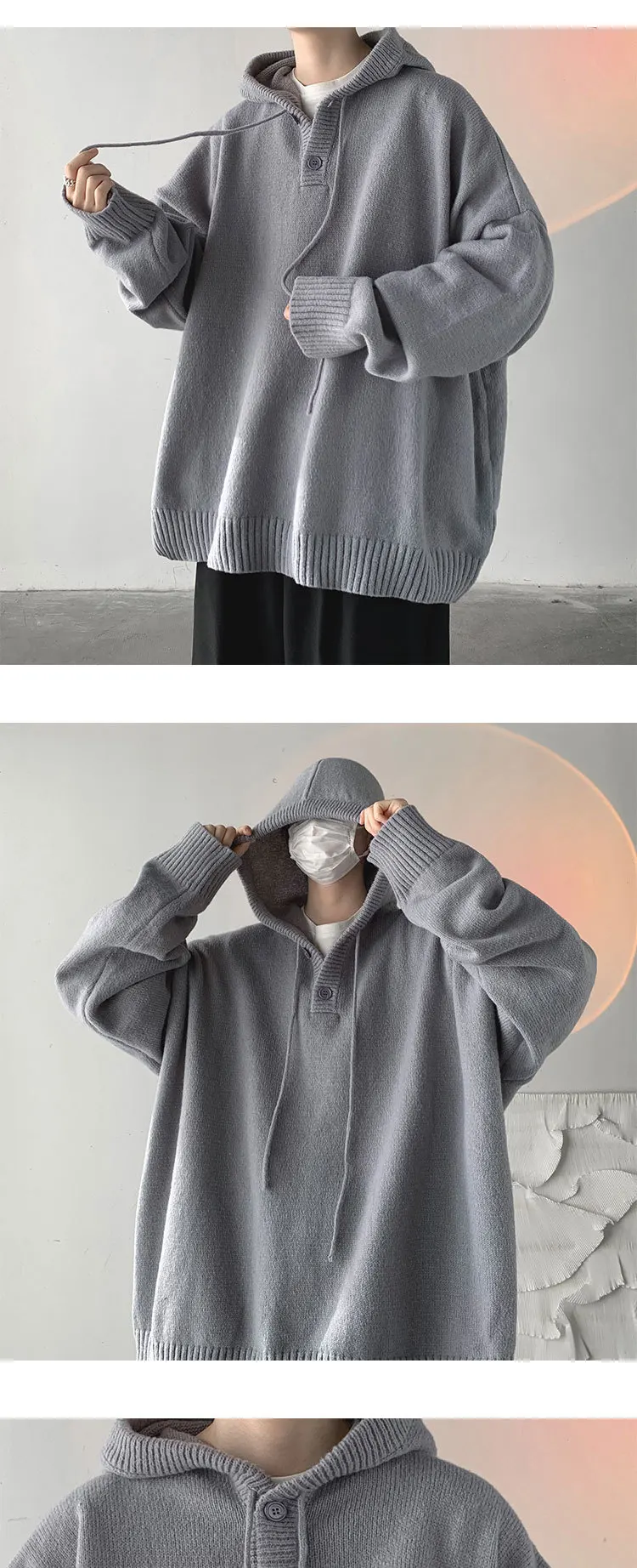 Men Pullover Hoodie Korean Style Classic Solid Color Casual Hoodies Oversized Loose Hooded Knitwear Mens Knitted Pullovers