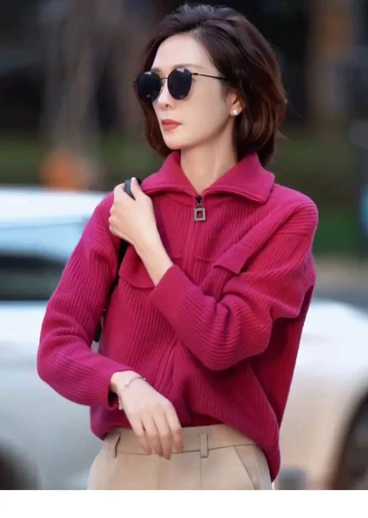 European Station Autumn And Winter New Pure Wool Zipper Cardigan Women's Lapel Sweater Outer Tops