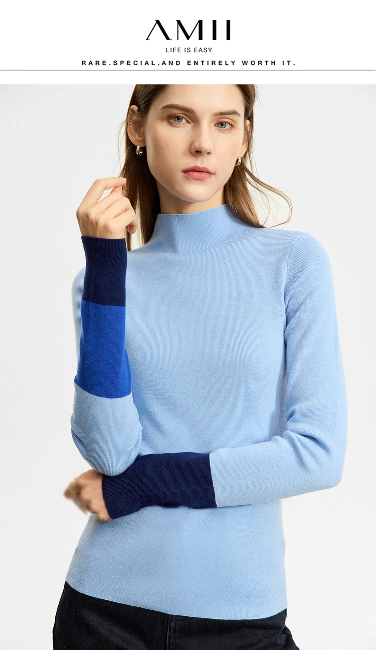 AMII Minimalist 2023 Winter New Sweaters for Women Office Lady Basics Half High Collar Color Contrast Slim Pullovers 12324067