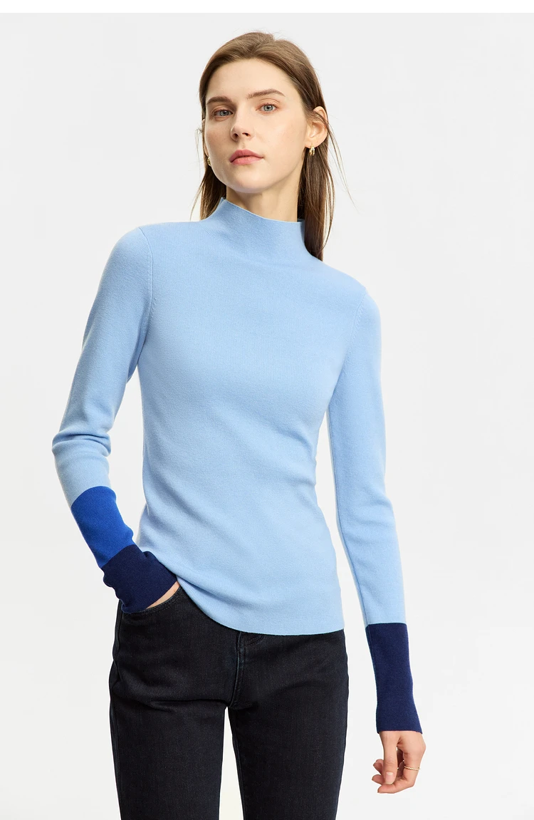 AMII Minimalist 2023 Winter New Sweaters for Women Office Lady Basics Half High Collar Color Contrast Slim Pullovers 12324067