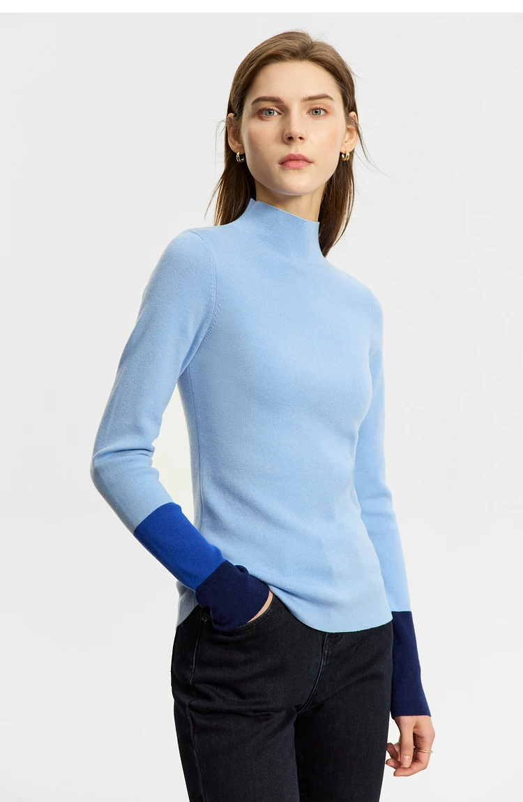 AMII Minimalist 2023 Winter New Sweaters for Women Office Lady Basics Half High Collar Color Contrast Slim Pullovers 12324067