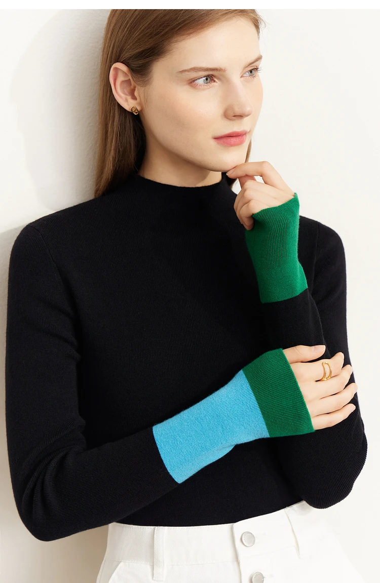 AMII Minimalist 2023 Winter New Sweaters for Women Office Lady Basics Half High Collar Color Contrast Slim Pullovers 12324067