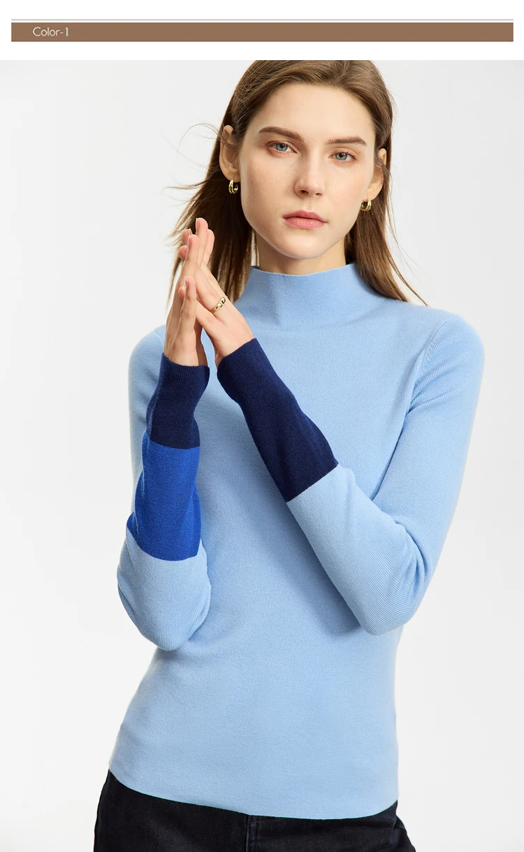 AMII Minimalist 2023 Winter New Sweaters for Women Office Lady Basics Half High Collar Color Contrast Slim Pullovers 12324067