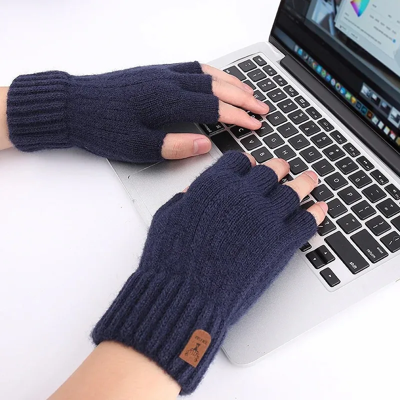 Winter Gloves For Men Half Finger Writting Office Cycling Knitted Gloves Students Alpaca Wool Warm Thick Elastic Driving Gloves