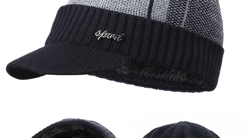 Winter New Cotton cap visor knit beanie Thicken Hedging Cap winter man caps outdoor skullies MEN LETTER GRAPHIC KNIT HAT