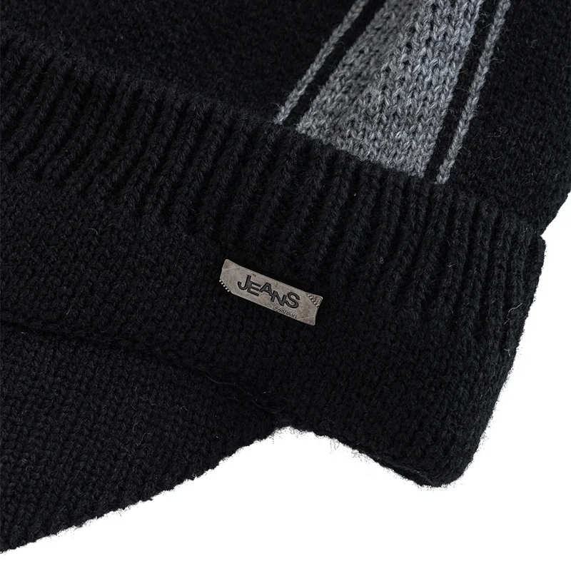 Unisex Warm Winter Hat With Brim Plush Fur Lined Beanie Hat JEANS Label Thicken Winter Hats For Men Women Outdoor Knitted Hat