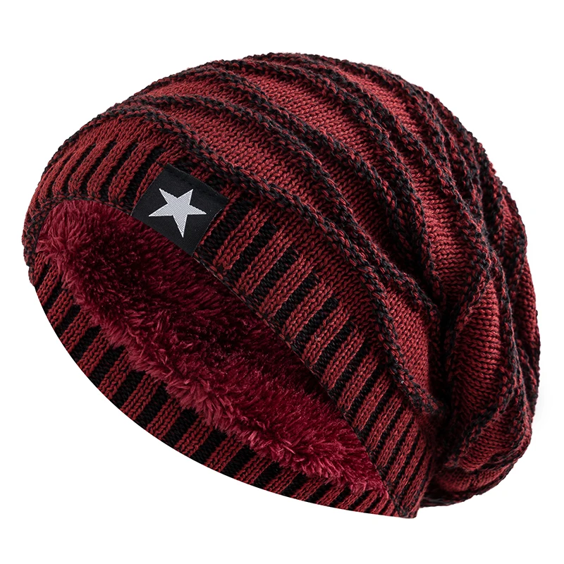 New Unisex Slouchy Winter Hats Add Fur Lined Men And Women Warm Beanie Cap Casual Five-pointed Star Decor Winter Knitted Hats