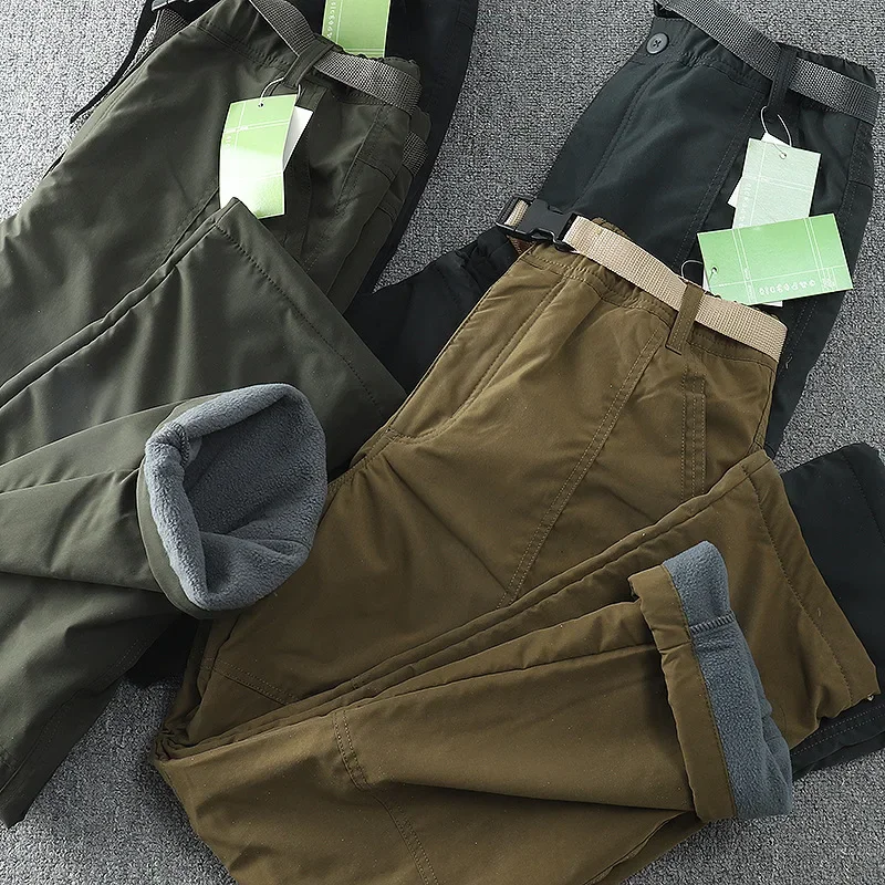 Thick Tooling Pants Waterproof Fleece Liner Cargo Pants Men Winter Outdoor Multi-pockets Loose Straight Overall Trousers S-6XL