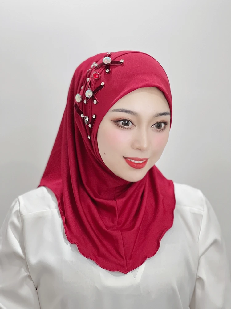 Islamic Flowers Solid Color Hijab Hand Beaded Hijab Cross Pattern Hijab Women's Scarf Muslim Headband Hijab Instant Shawl Turkey