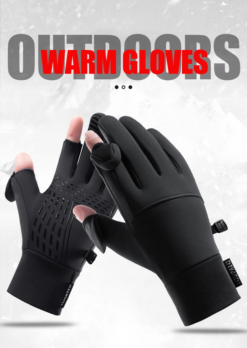 Winter Flip Open Two Finger Gloves Men Women Warm Touch Screen Gloves Outdoor Windproof Waterproof Cycling Skiing Fishing Gloves