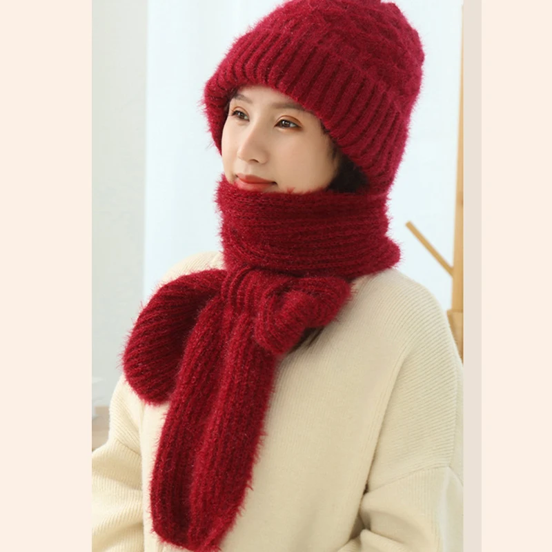 New Winter Knitted Skullies Hat Scarf Set Ear Protection Warm Hat Scarf Thickened Outdoor Ski Female Beanie Cap Hooded Scarf