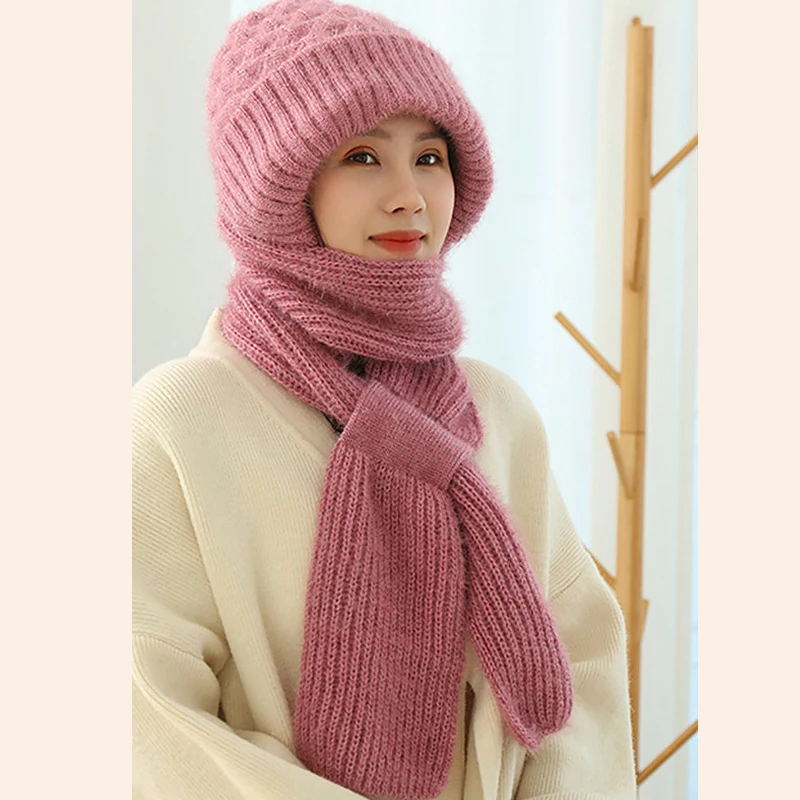 New Winter Knitted Skullies Hat Scarf Set Ear Protection Warm Hat Scarf Thickened Outdoor Ski Female Beanie Cap Hooded Scarf