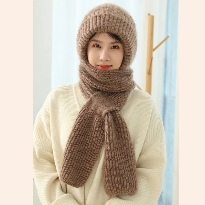 New Winter Knitted Skullies Hat Scarf Set Ear Protection Warm Hat Scarf Thickened Outdoor Ski Female Beanie Cap Hooded Scarf