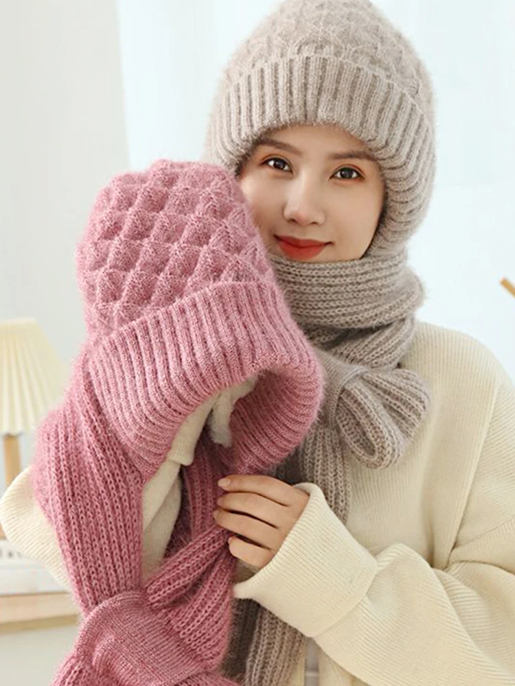 New Winter Knitted Skullies Hat Scarf Set Ear Protection Warm Hat Scarf Thickened Outdoor Ski Female Beanie Cap Hooded Scarf