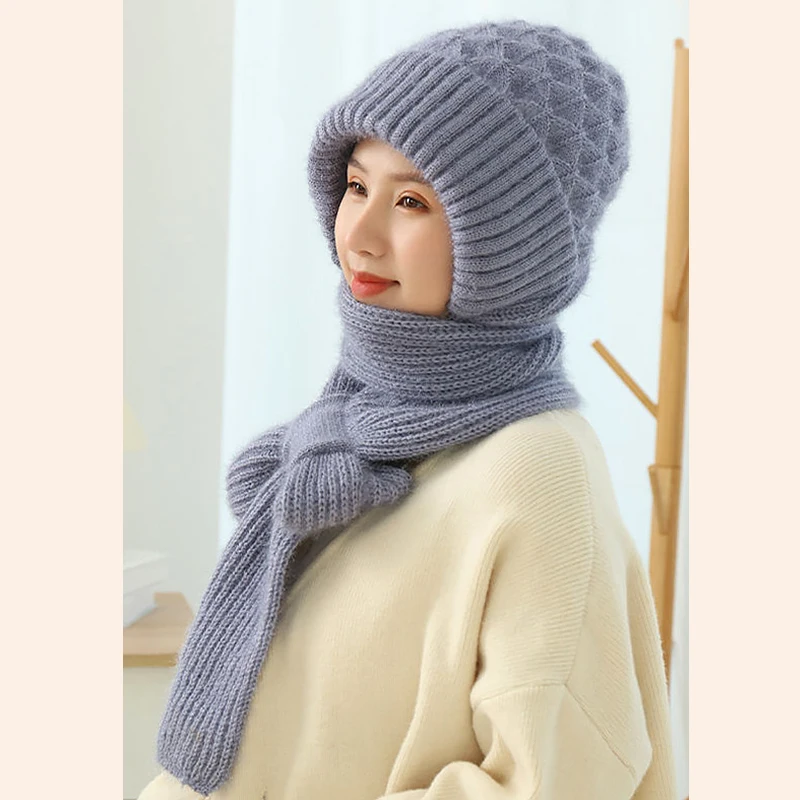 New Winter Knitted Skullies Hat Scarf Set Ear Protection Warm Hat Scarf Thickened Outdoor Ski Female Beanie Cap Hooded Scarf